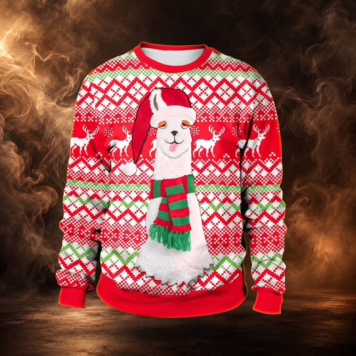 Orazio ugly Christmas sweater, Red Llama Fair Isle, front