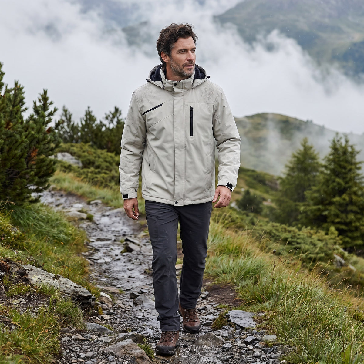 Sebastiano hooded windbreaker jacket, Light Gray Fleece Lined, worn on a misty mountain trail