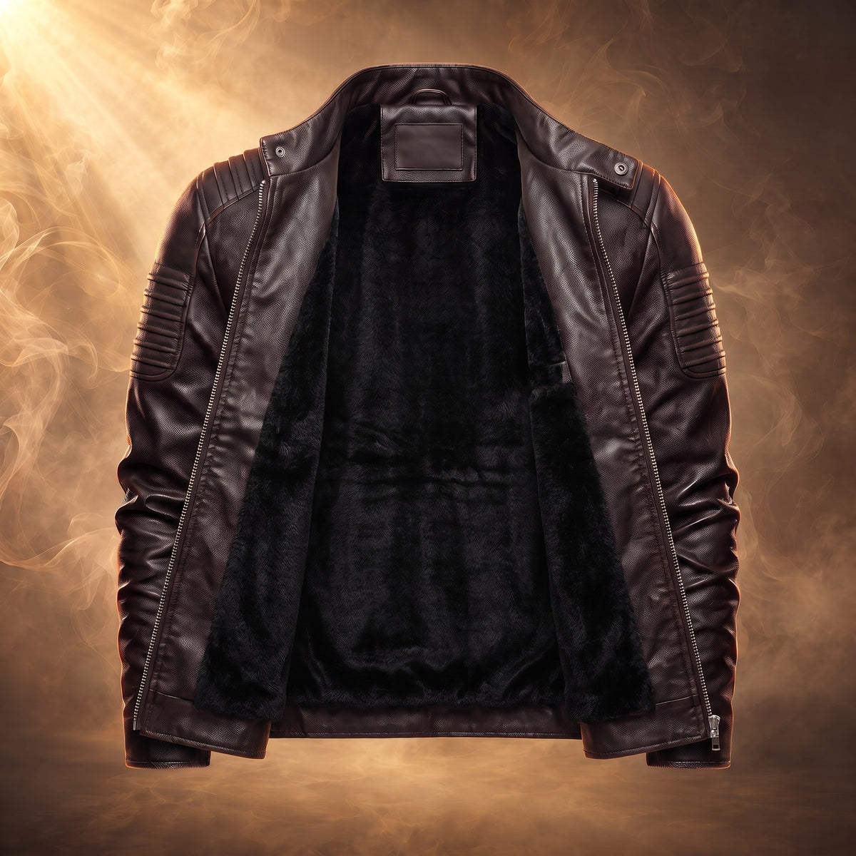 Umberto moto jacket, Dark Brown, open front showing the black plush lining