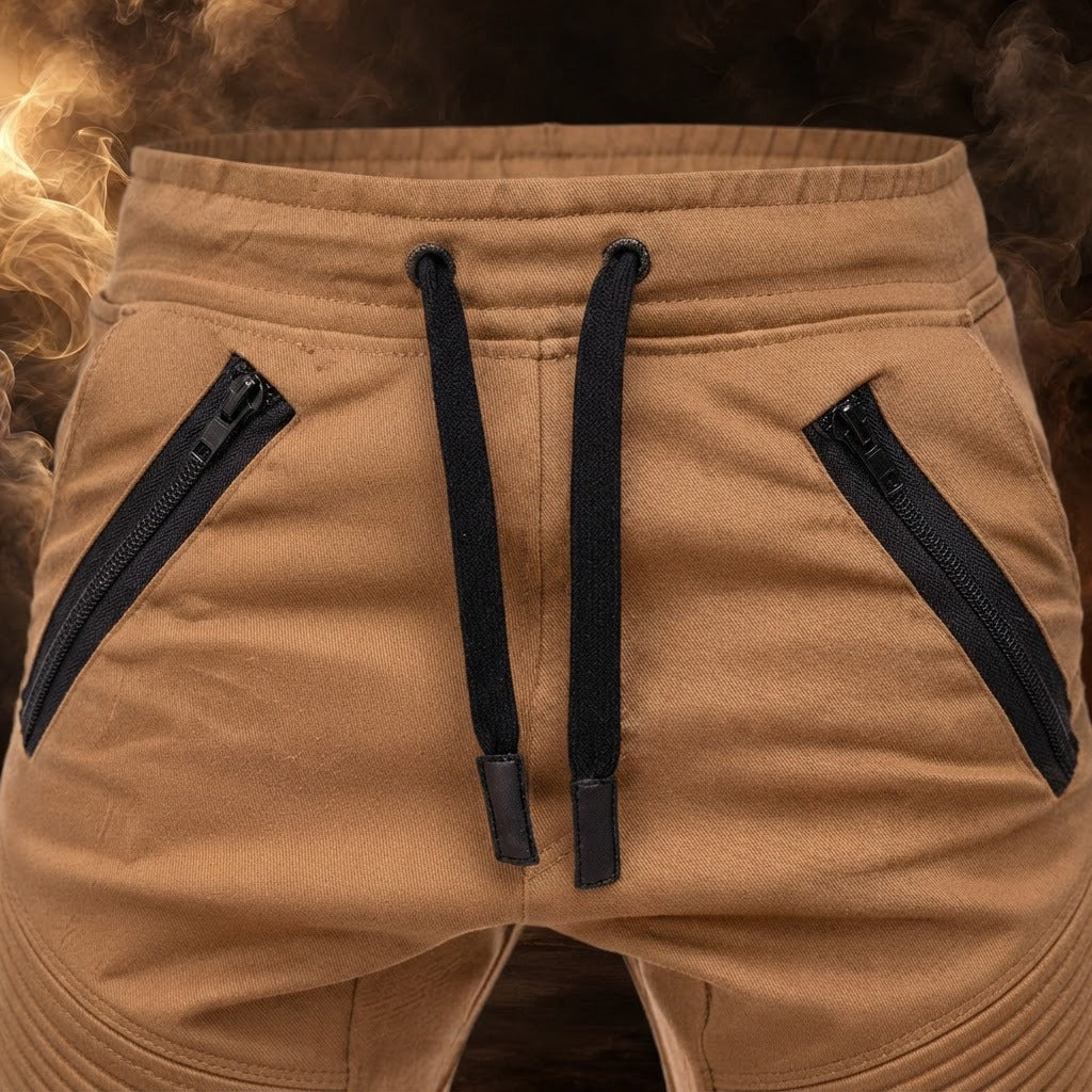 Cirino khaki joggers close-up of the elastic drawstring waistband