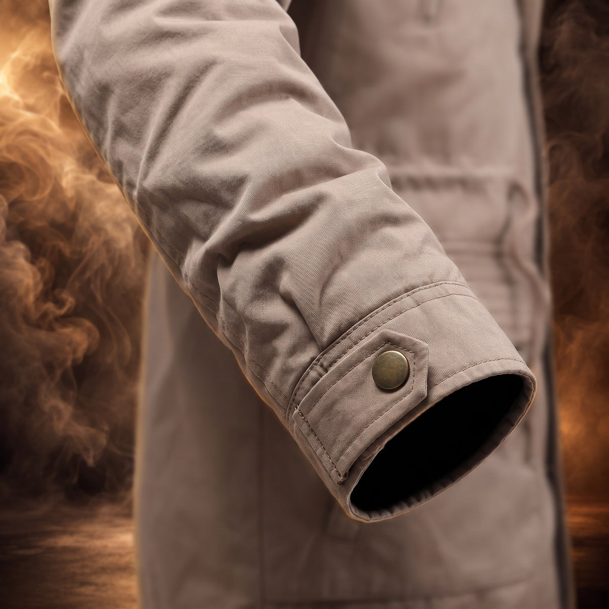 Jasper parka, khaki, button tab cuff close-up