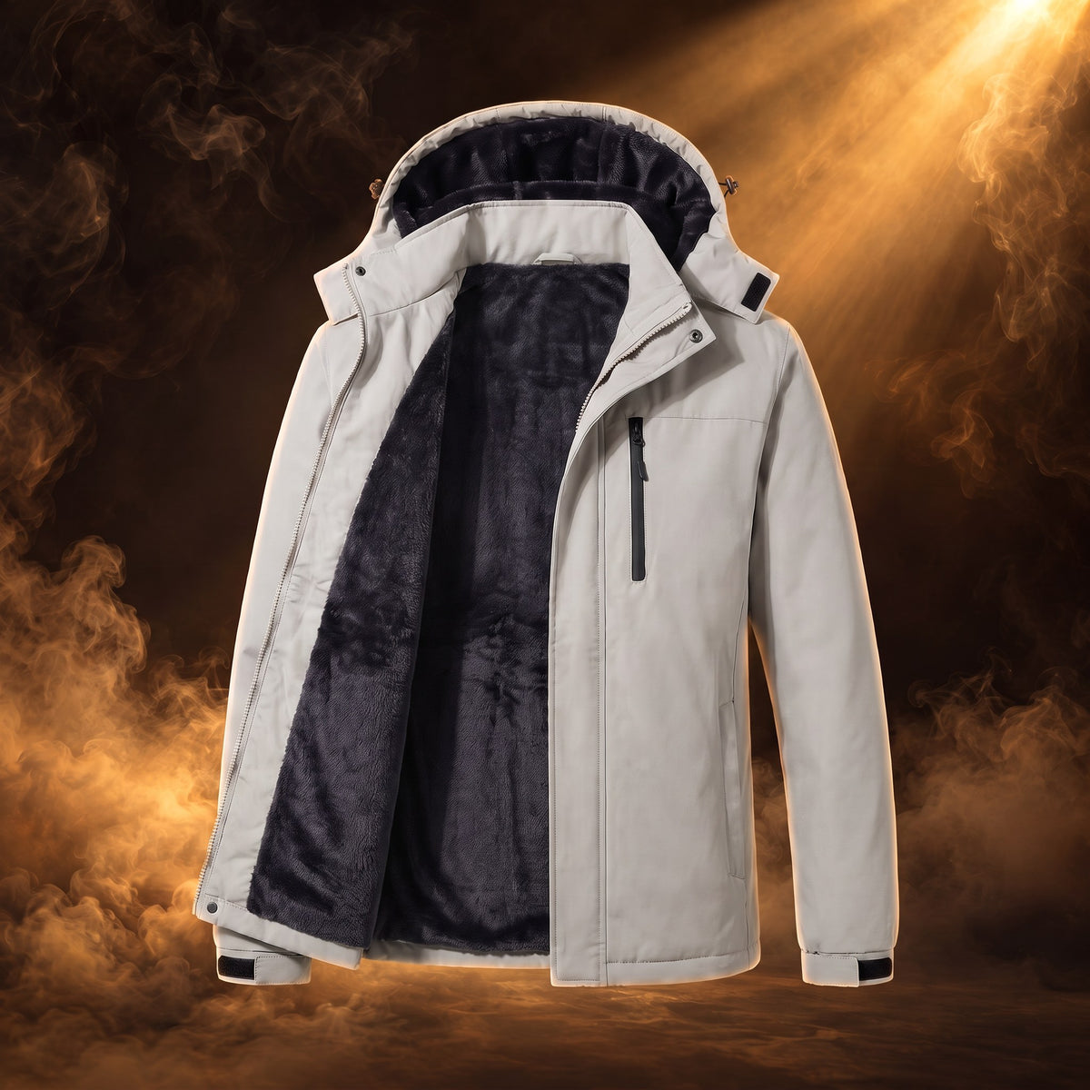 Sebastiano hooded windbreaker jacket, Light Gray Fleece Lined, open front showing the fleece lining