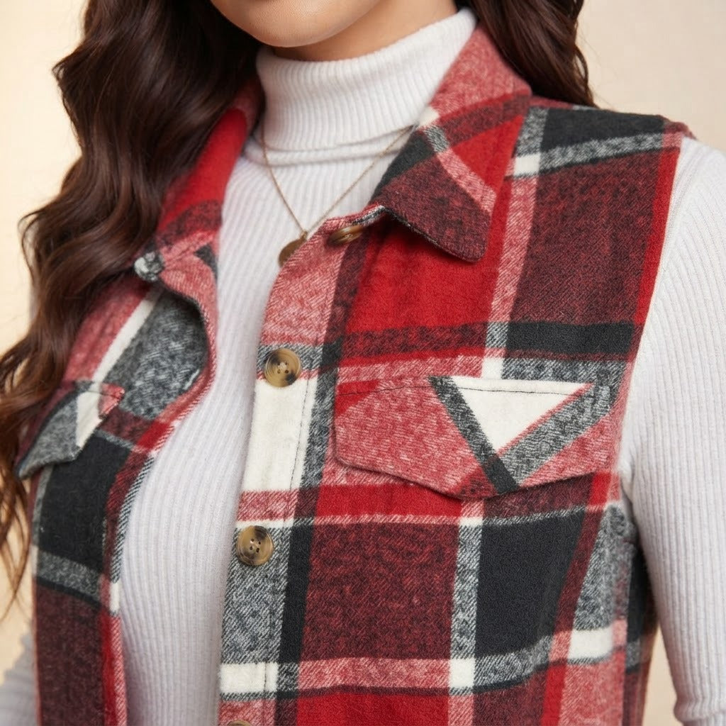 Fabiola plaid sleeveless shirt vest, Red, collar and chest pocket close-up