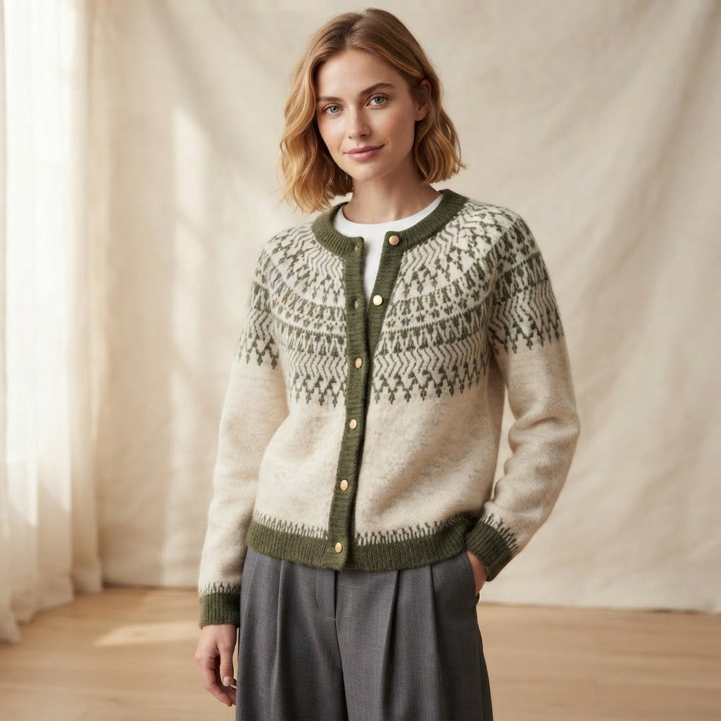 Giada Fair Isle crew neck cardigan, Cream and Green, front