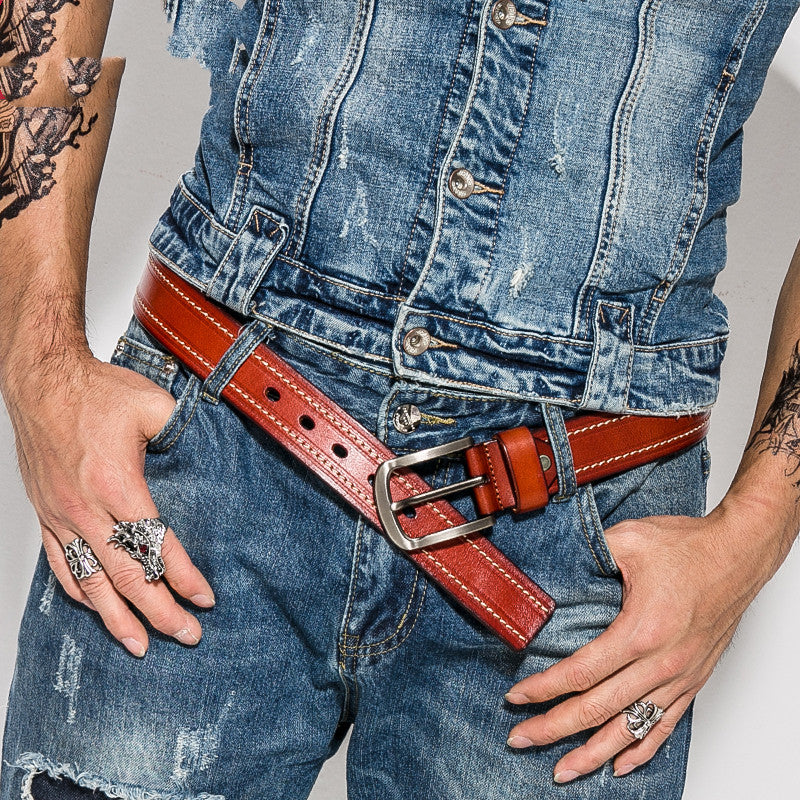 Gerardo Leather Stitched Pin Buckle Belt for Men