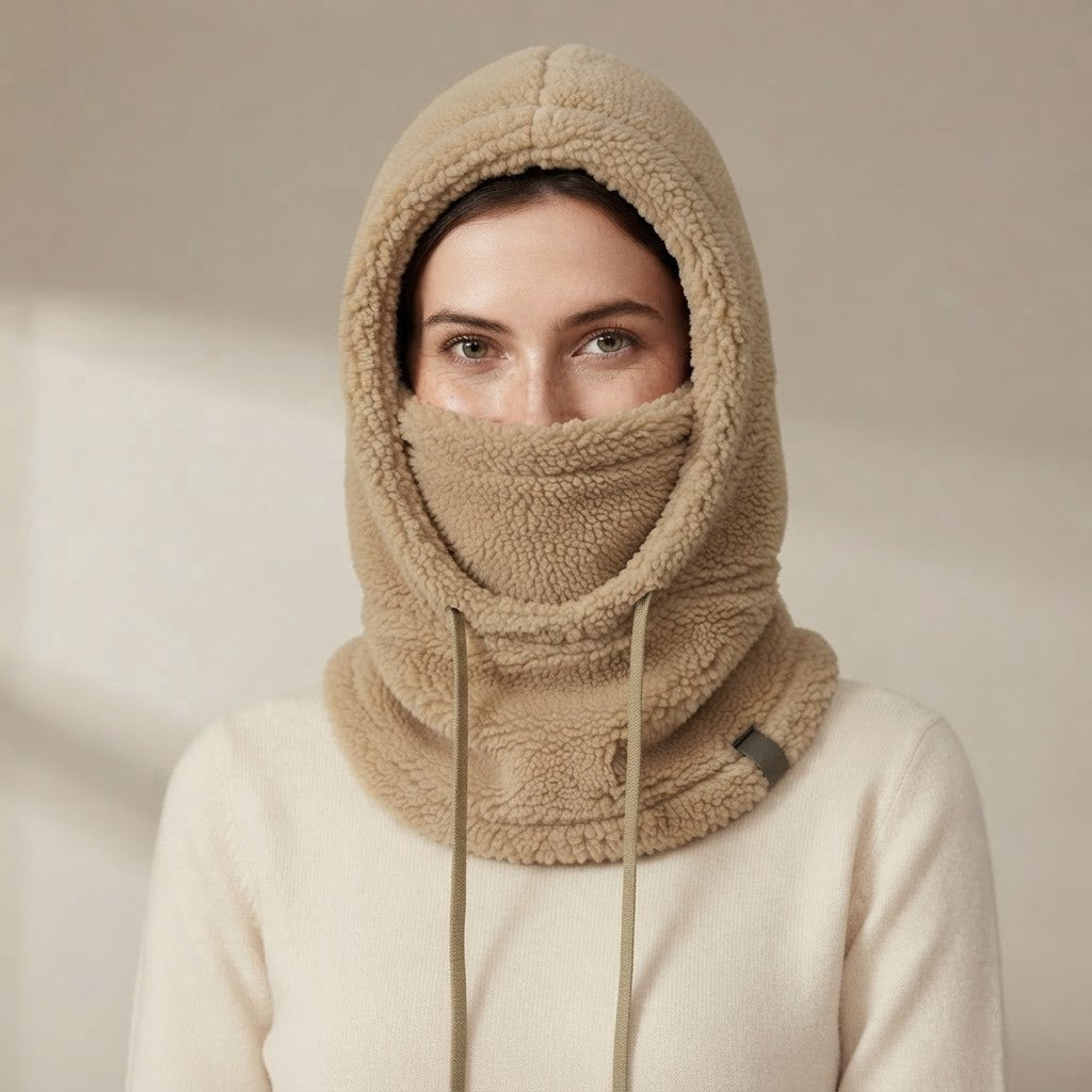 Ernesto plush fleece balaclava, Khaki, face panel raised