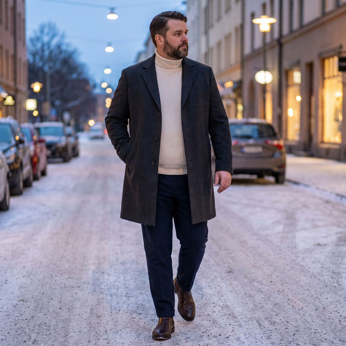 Oscar overcoat, Dark Gray, worn on a winter city street
