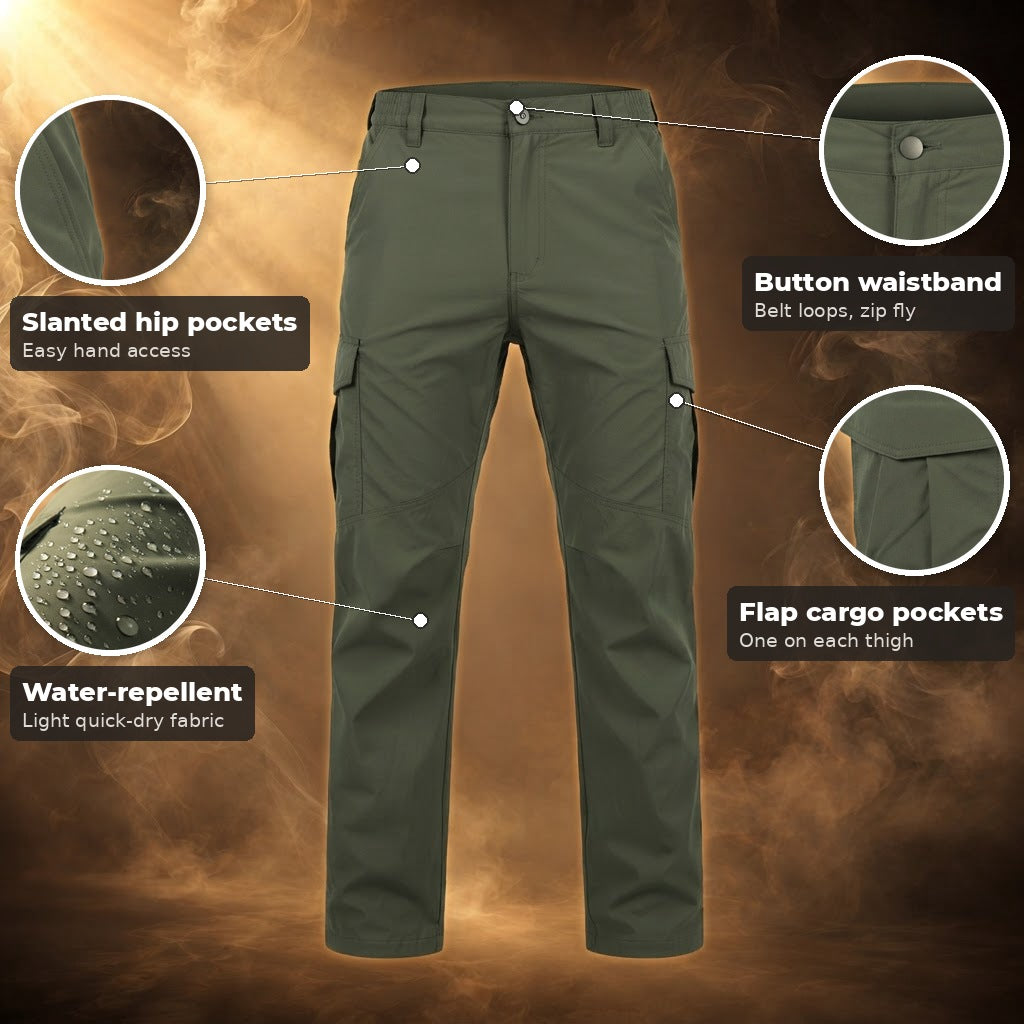 Ivo cargo pants key features with close-up details