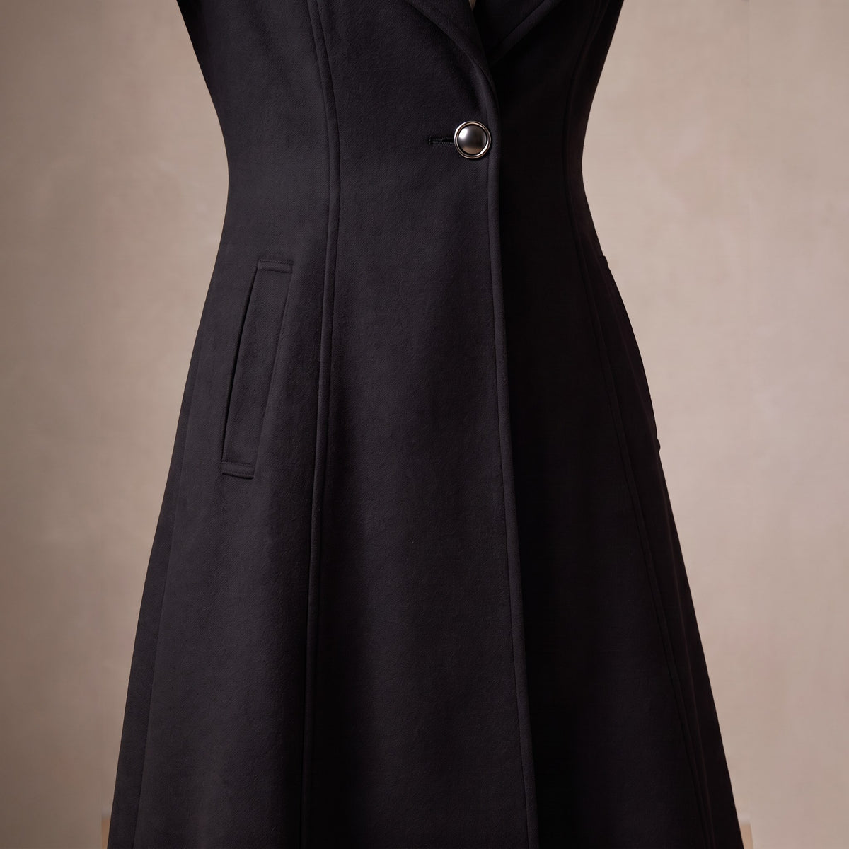 Lavinia wool maxi coat, Black, single-button waist and hip pocket close-up