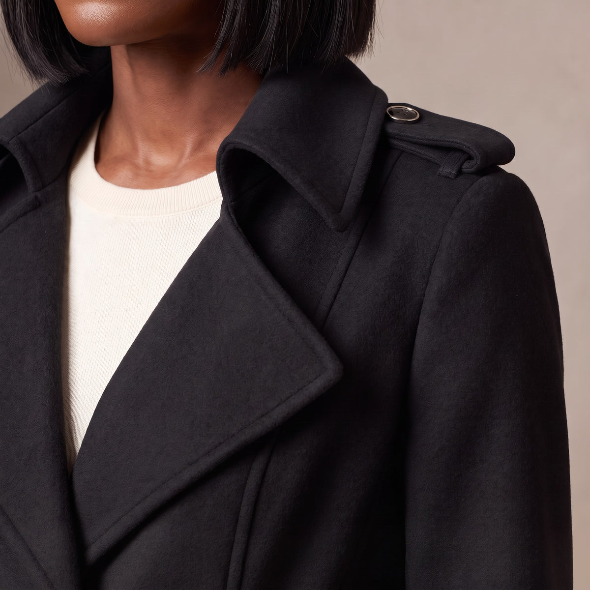 Lavinia wool maxi coat, Black, wide notched lapel and shoulder epaulette close-up