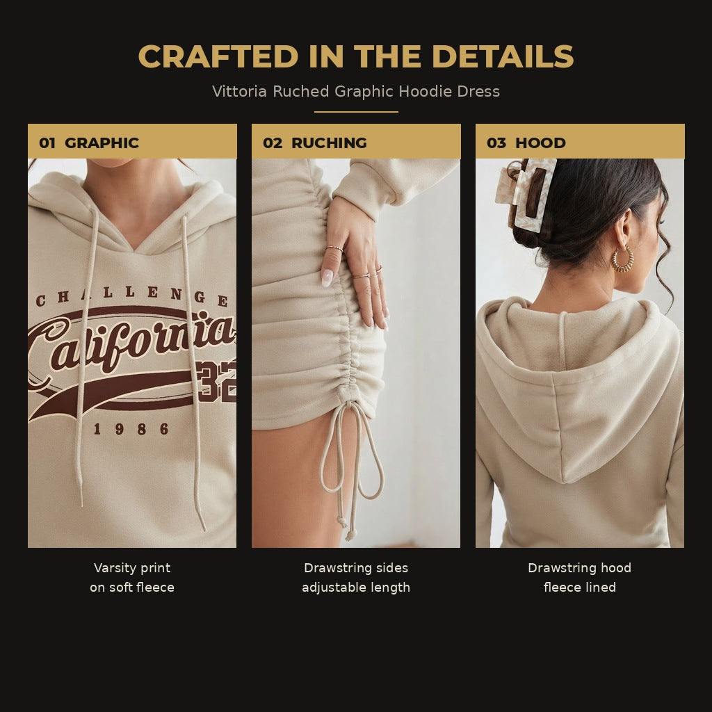 Vittoria Ruched Graphic Hoodie Dress for Women - quality details