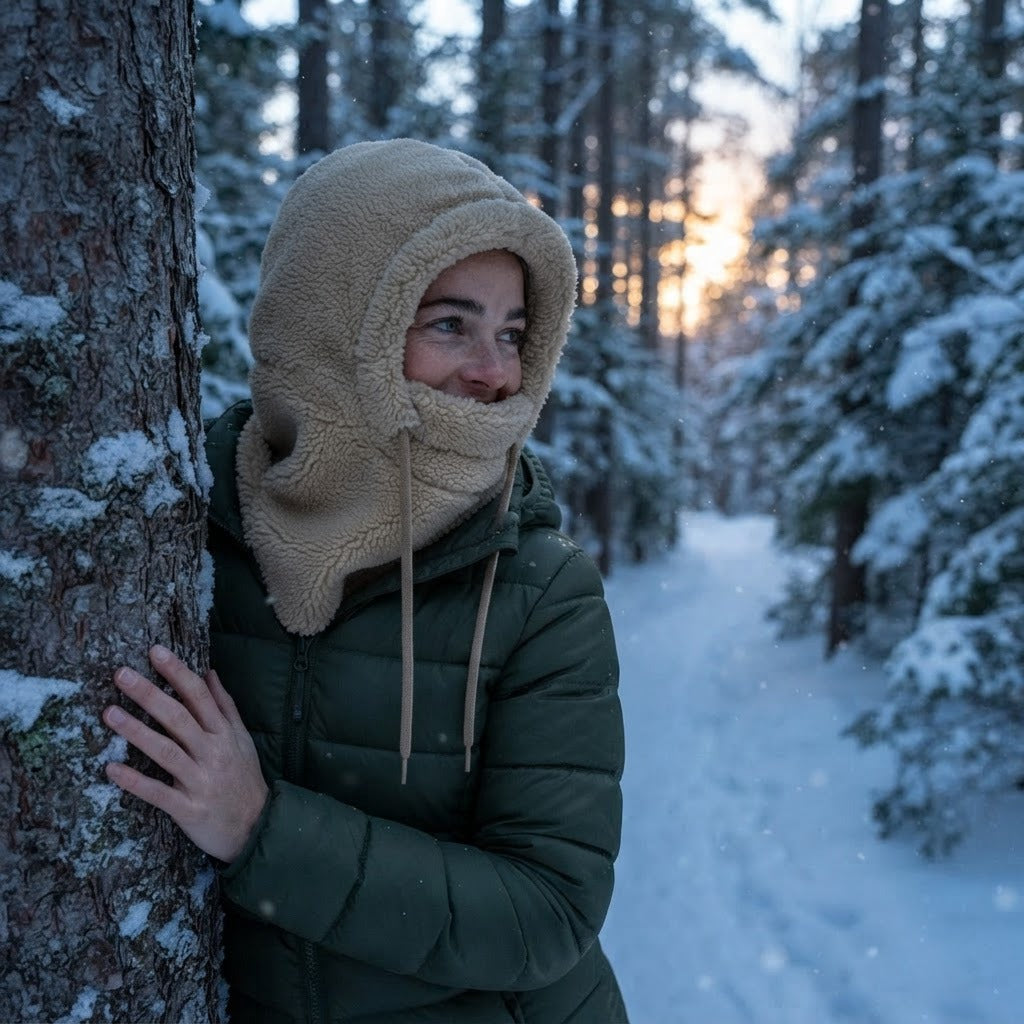 Ernesto plush fleece balaclava, Khaki, worn on a winter forest trail
