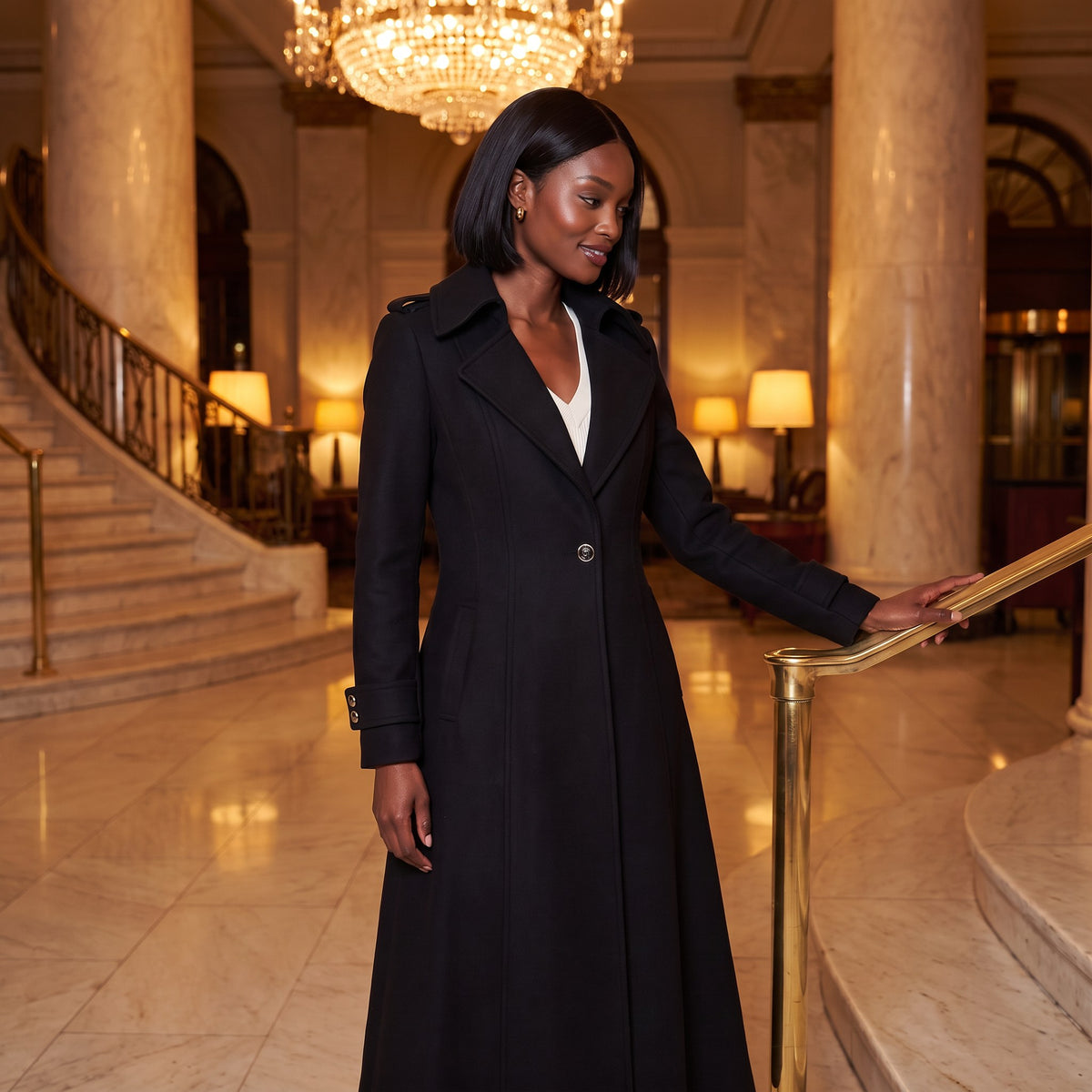 Lavinia wool maxi coat, Black, worn in a hotel lobby at night