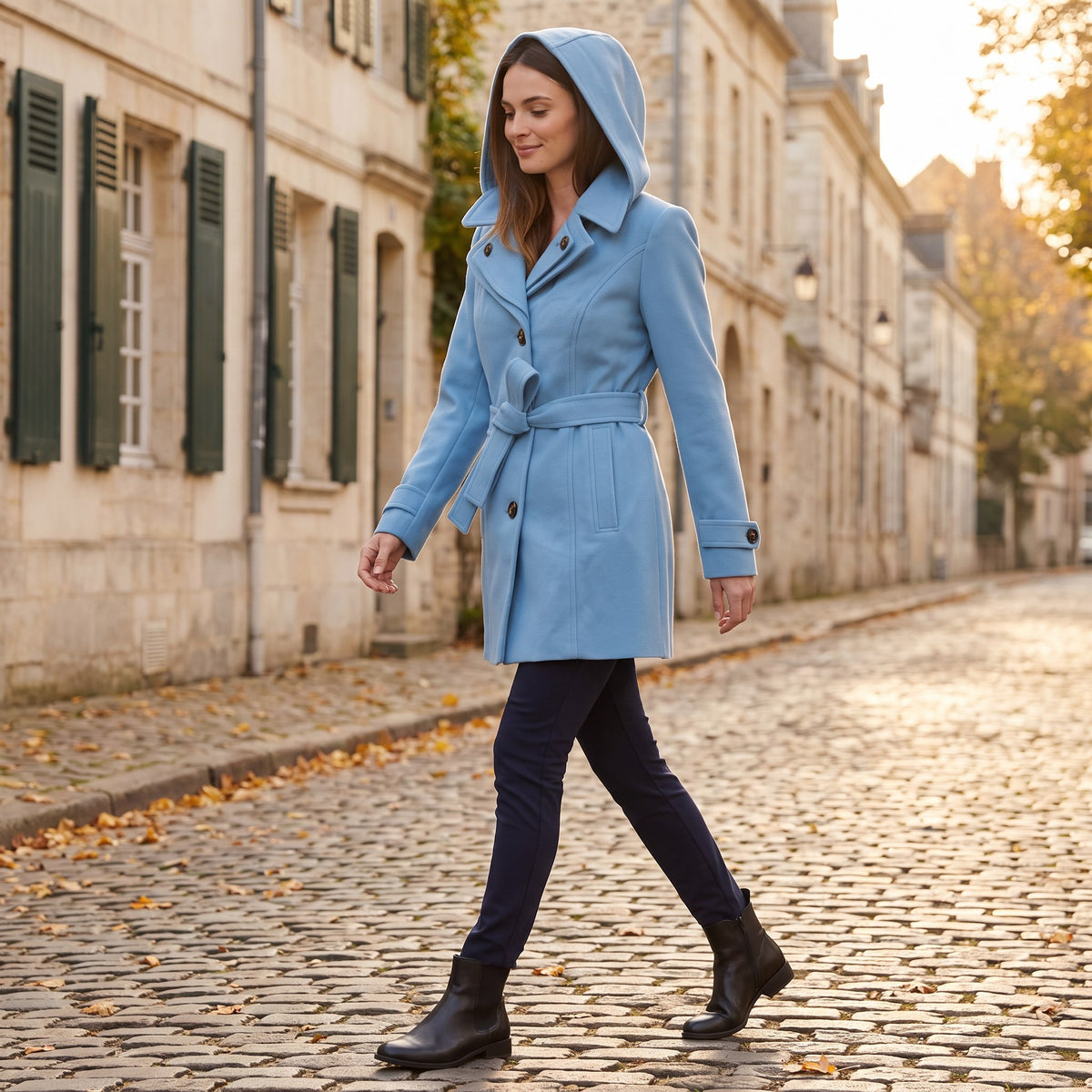Rosalind coat, Sky Blue, worn on an autumn cobblestone street