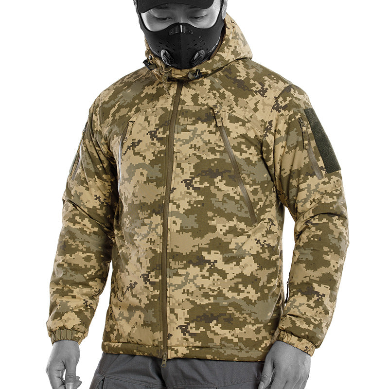 Thierry tactical jacket, Pixel Camo, front with hood up