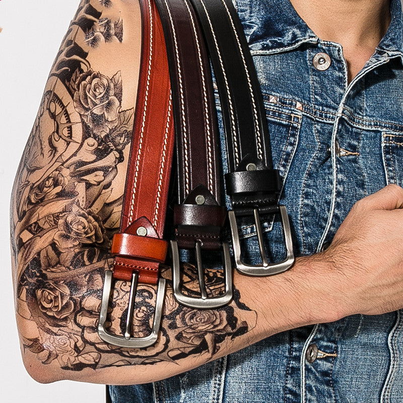 Gerardo Leather Stitched Pin Buckle Belt for Men