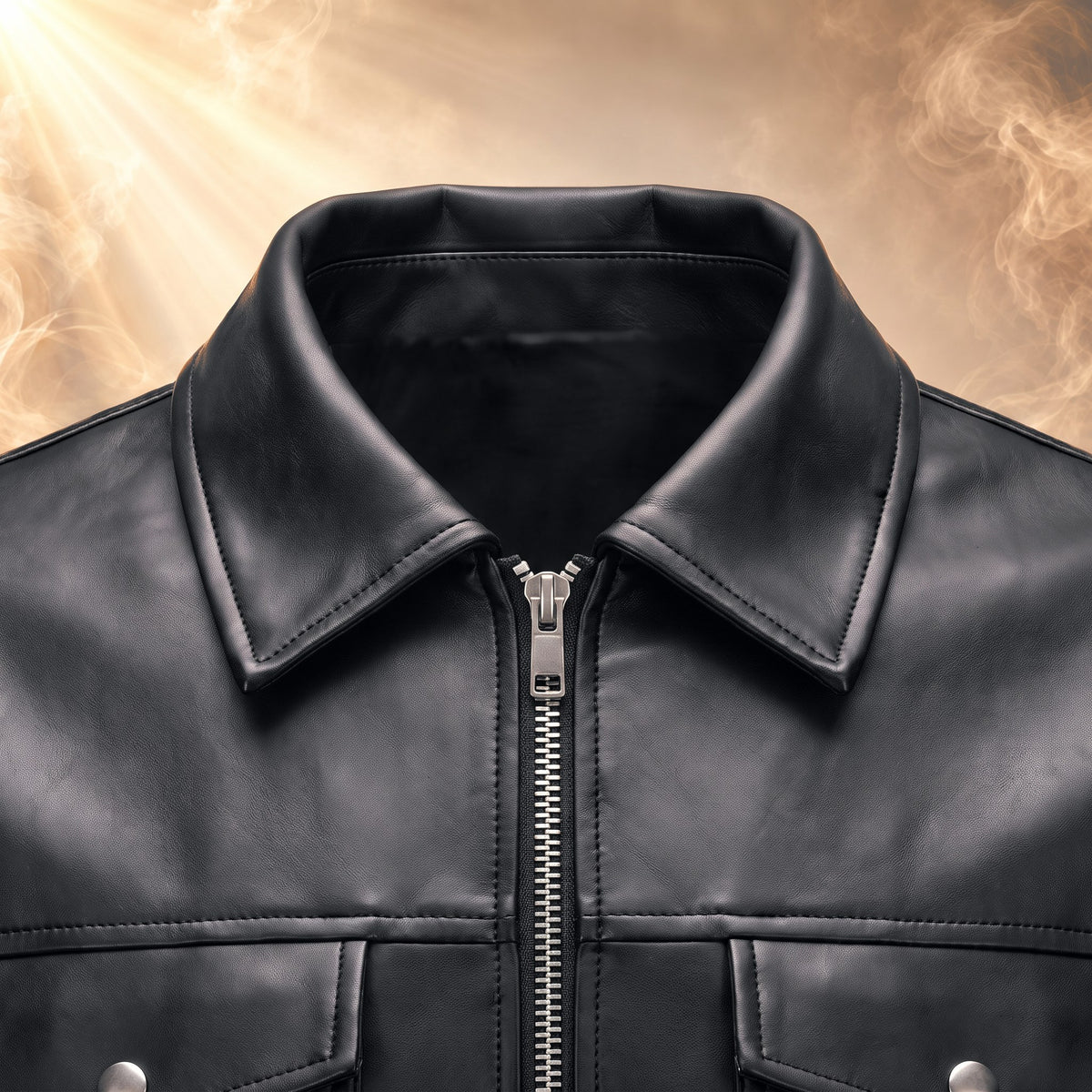 Rocco faux leather jacket, black, pointed shirt collar close-up