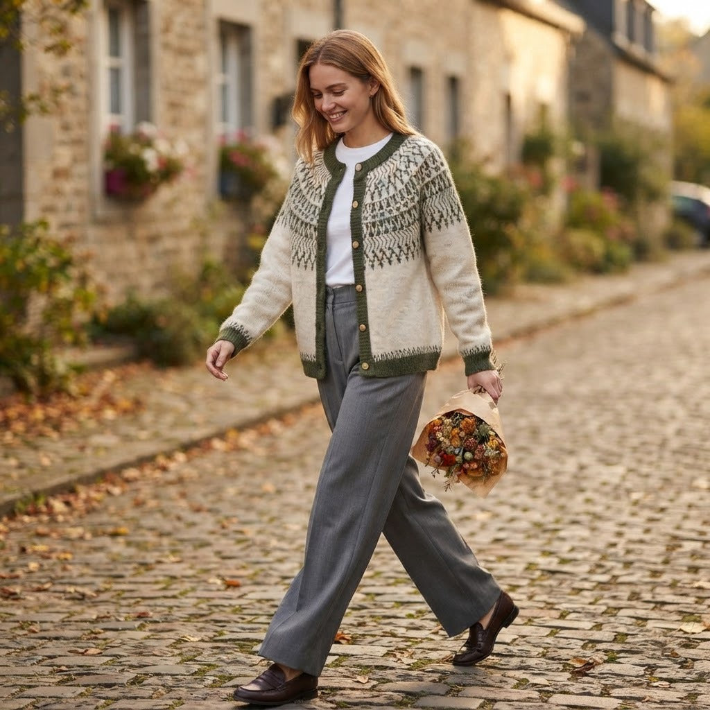 Giada Fair Isle crew neck cardigan, Cream and Green, worn on an autumn street