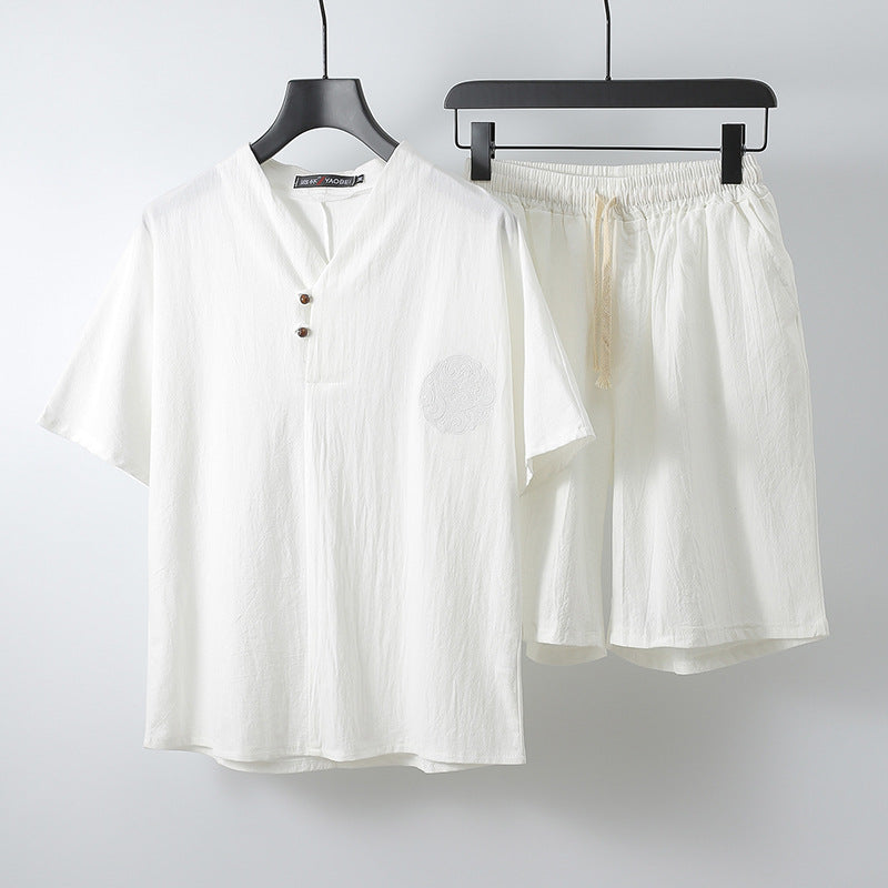 Adriano Linen Split-Neck Shirt and Shorts Set for Men