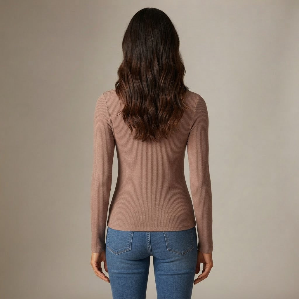 Elisa ribbed knit half zip top, Mocha, back