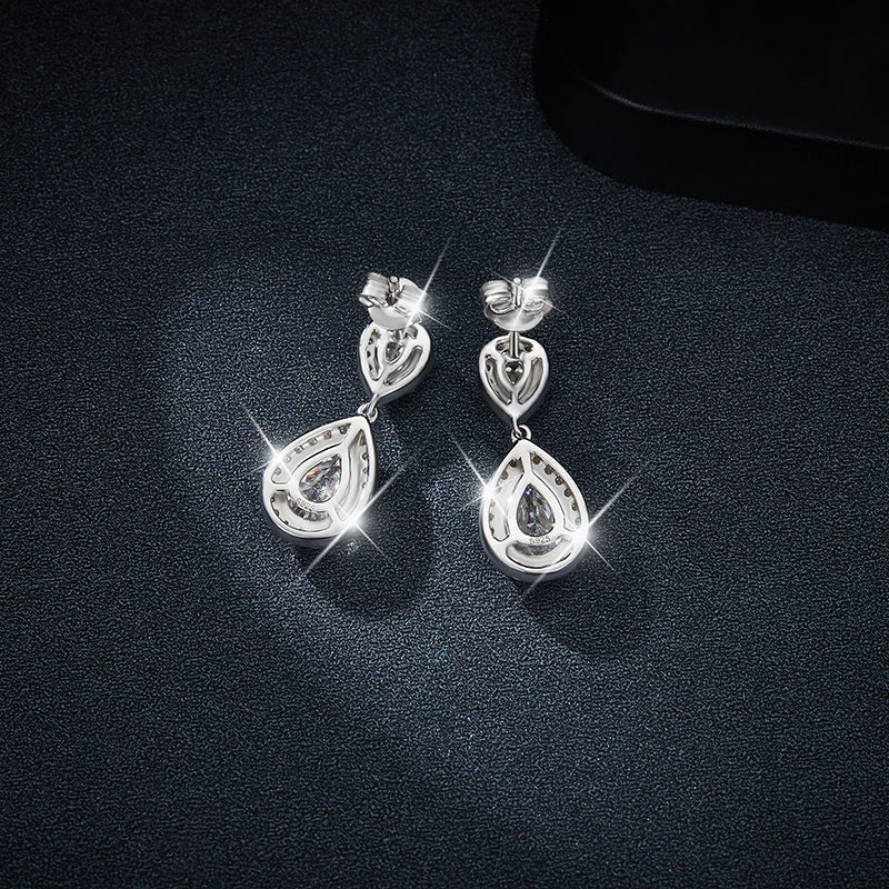 Rosetta Sterling Silver Pear Moissanite Halo Drop Earrings for Women