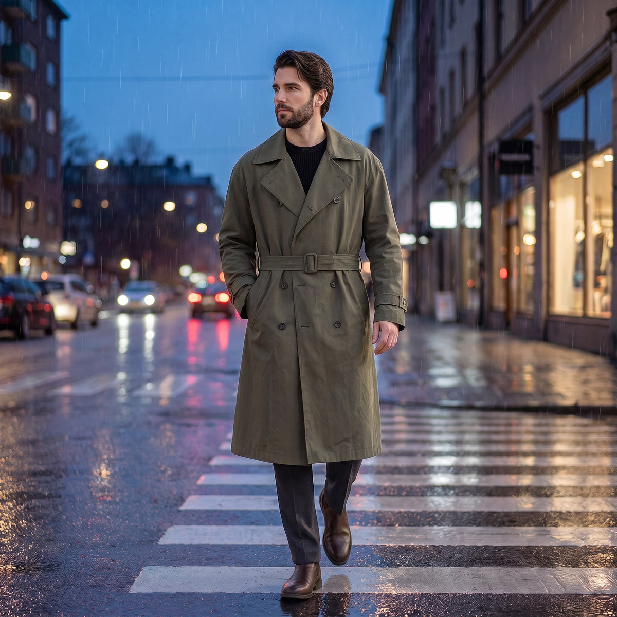 Lorenzo trench coat, Army Green, worn on a rainy city crosswalk at dusk
