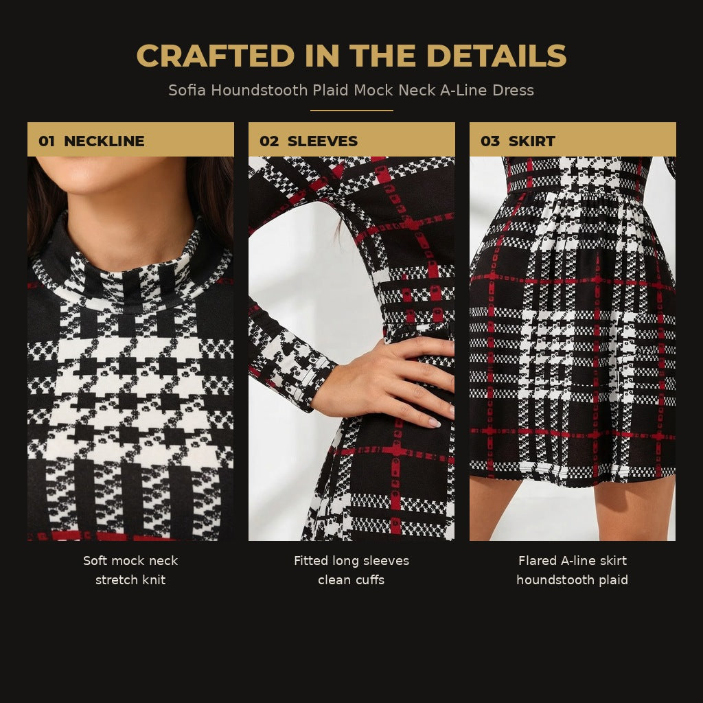 Sofia Houndstooth Plaid Mock Neck A-Line Dress for Women - quality details