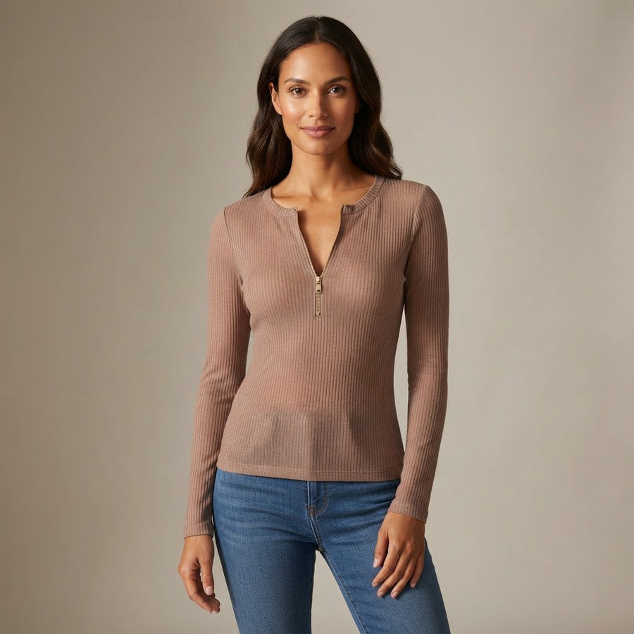 Elisa Ribbed Knit Half Zip Long Sleeve Top for Women