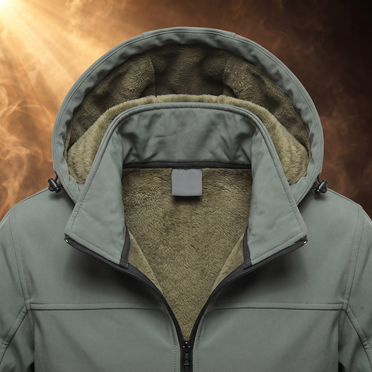 Severino jacket and pants set, Sage Green, fleece-lined hood close-up
