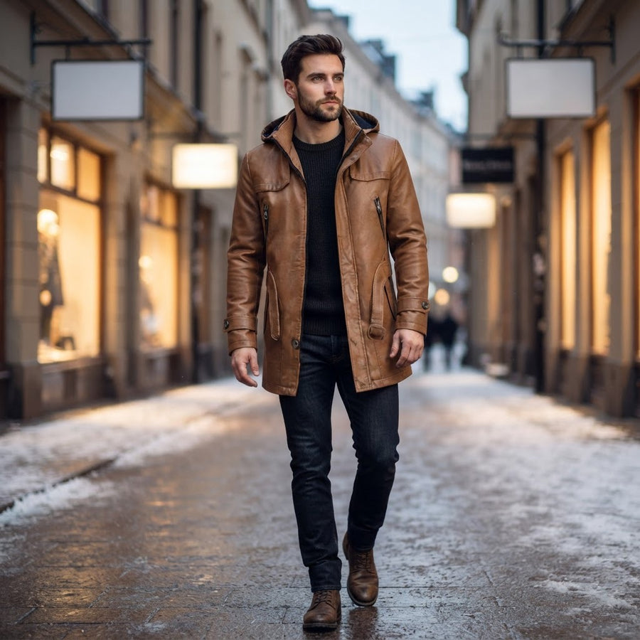 Davide Hooded Mid-Length Leather Coat for Men