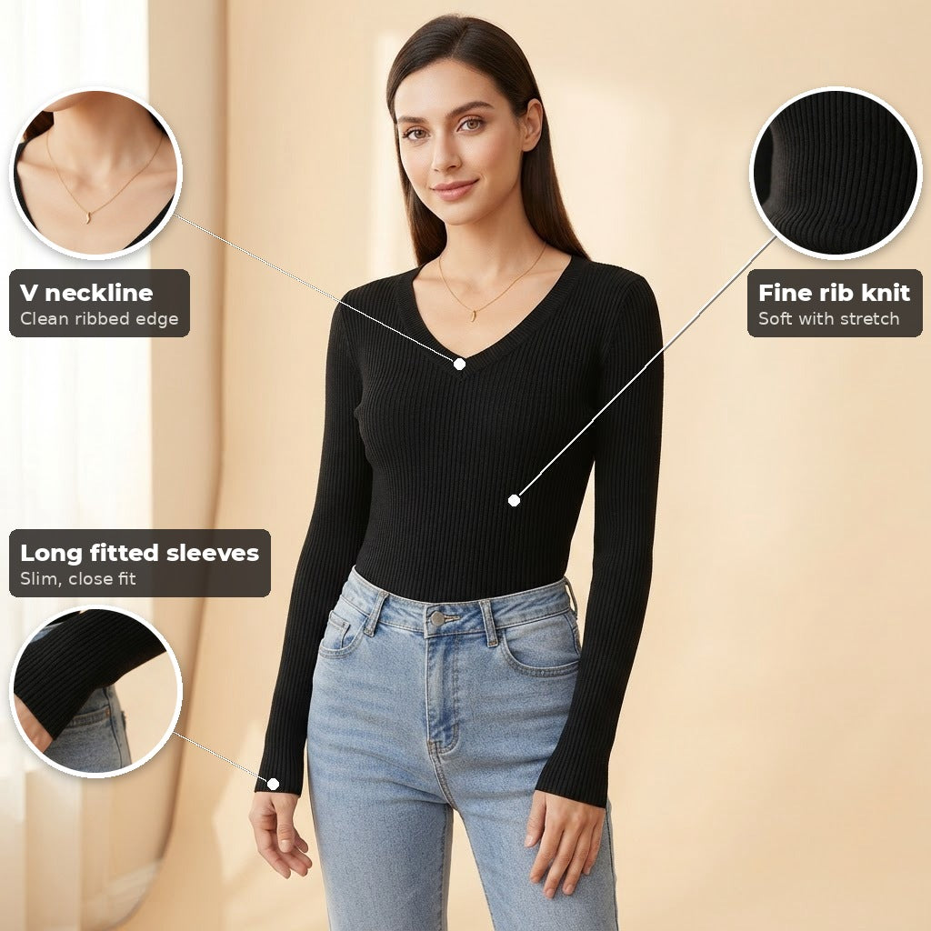 Greta ribbed V-neck knit sweater, Black, key features