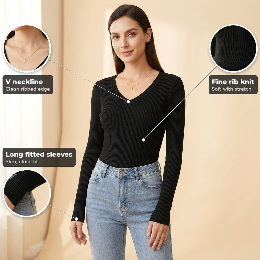 Greta Ribbed V-Neck Knit Sweater for Women