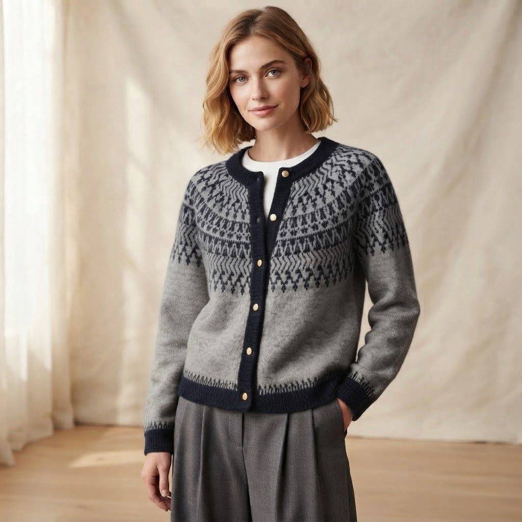 Giada Fair Isle crew neck cardigan, Gray and Navy, front