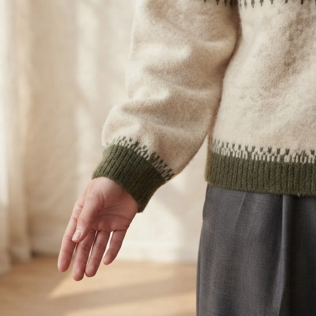 Giada Fair Isle crew neck cardigan, Cream and Green, ribbed cuff close-up