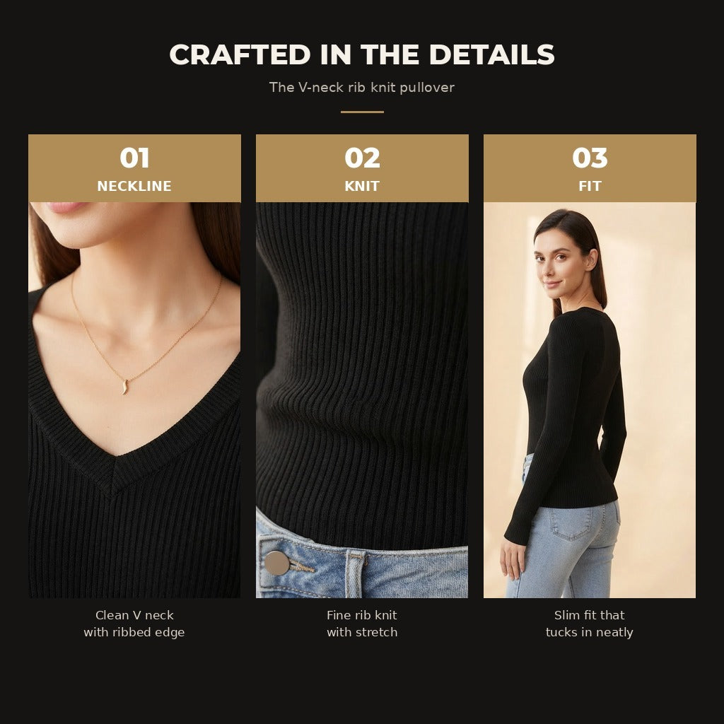 Greta ribbed V-neck knit sweater, Black, material and details