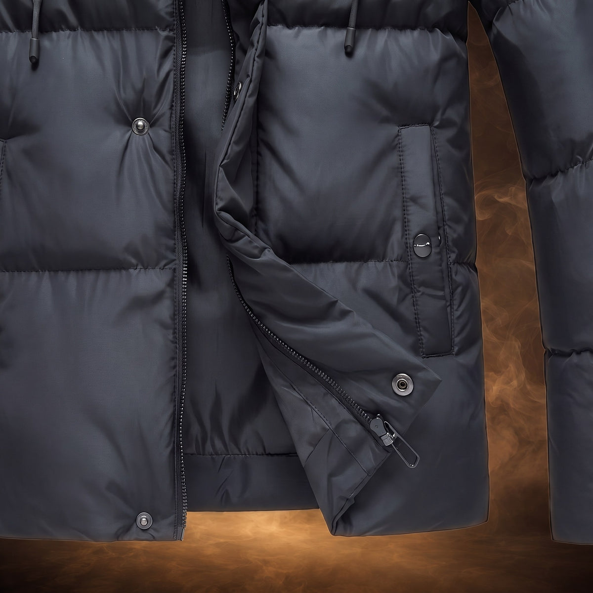 Nestor hooded puffer jacket, Dark Gray, close-up of the snap storm placket and hip pocket