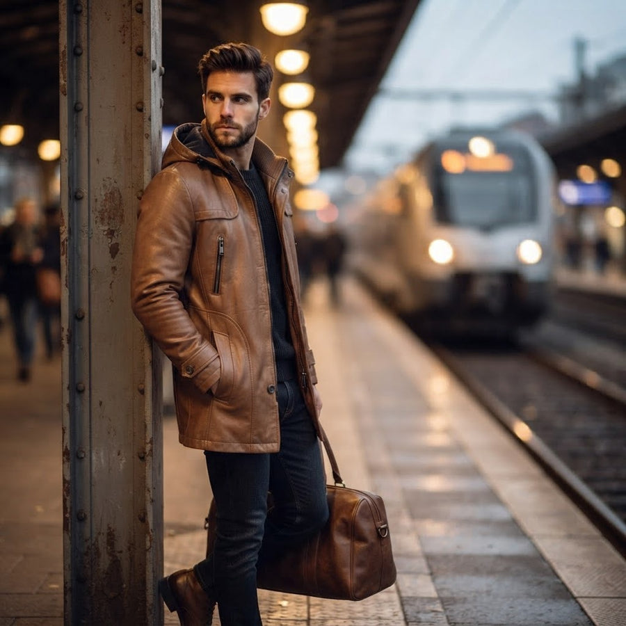 Davide Hooded Mid-Length Leather Coat for Men