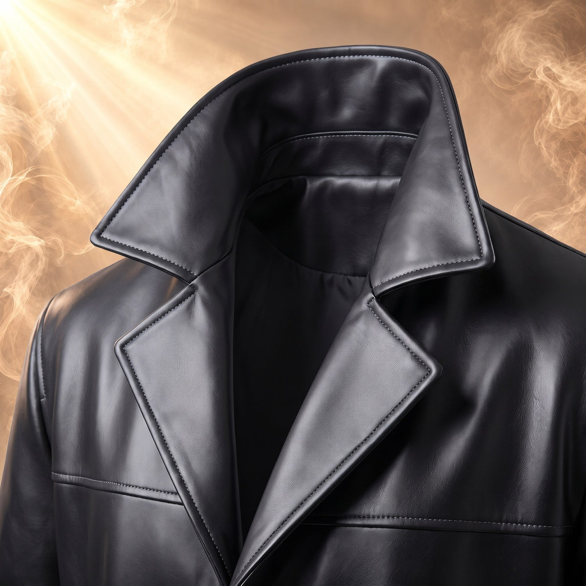Fernando leather trench coat, Black, close-up of the wide notched lapel and collar