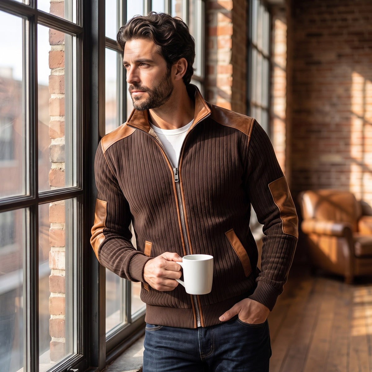 Ezio sweatshirt, Brown, worn in a sunlit loft