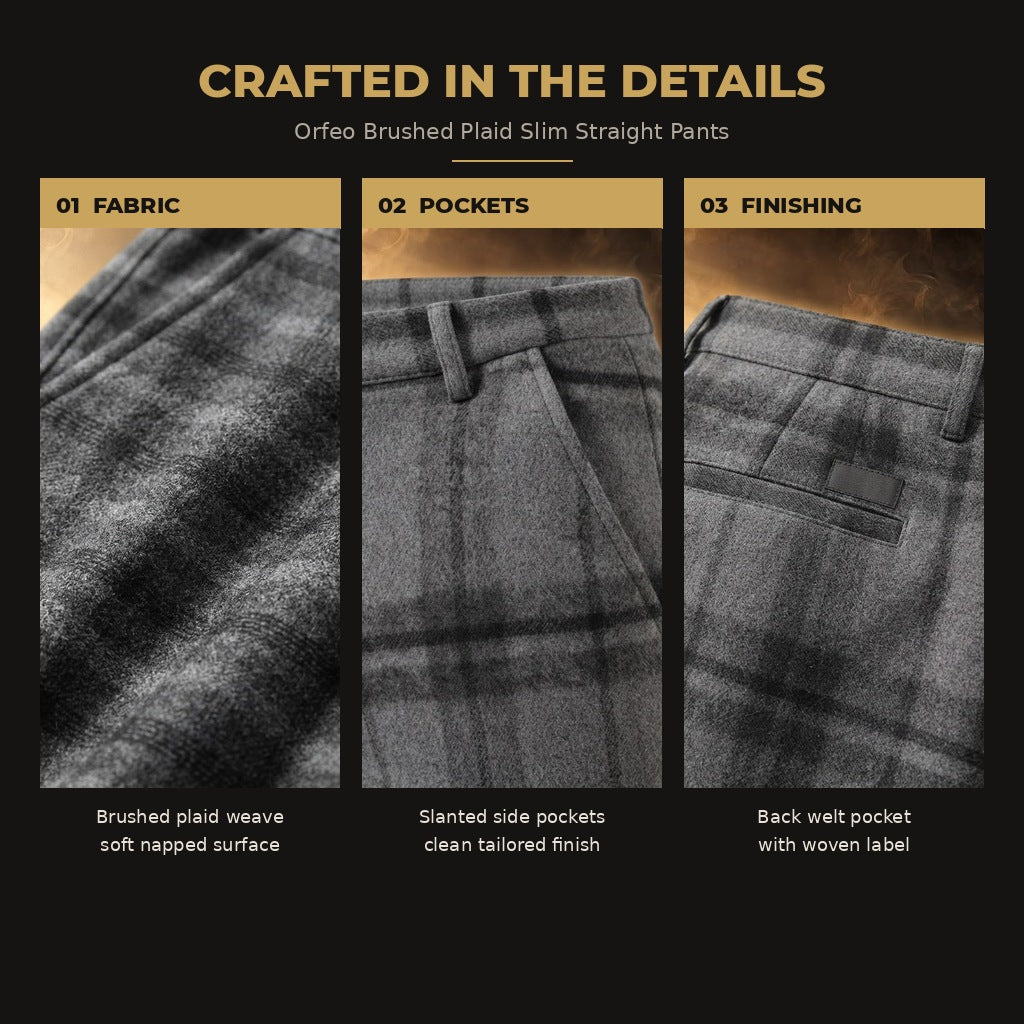 Orfeo Brushed Plaid Slim Straight Pants for Men - quality details