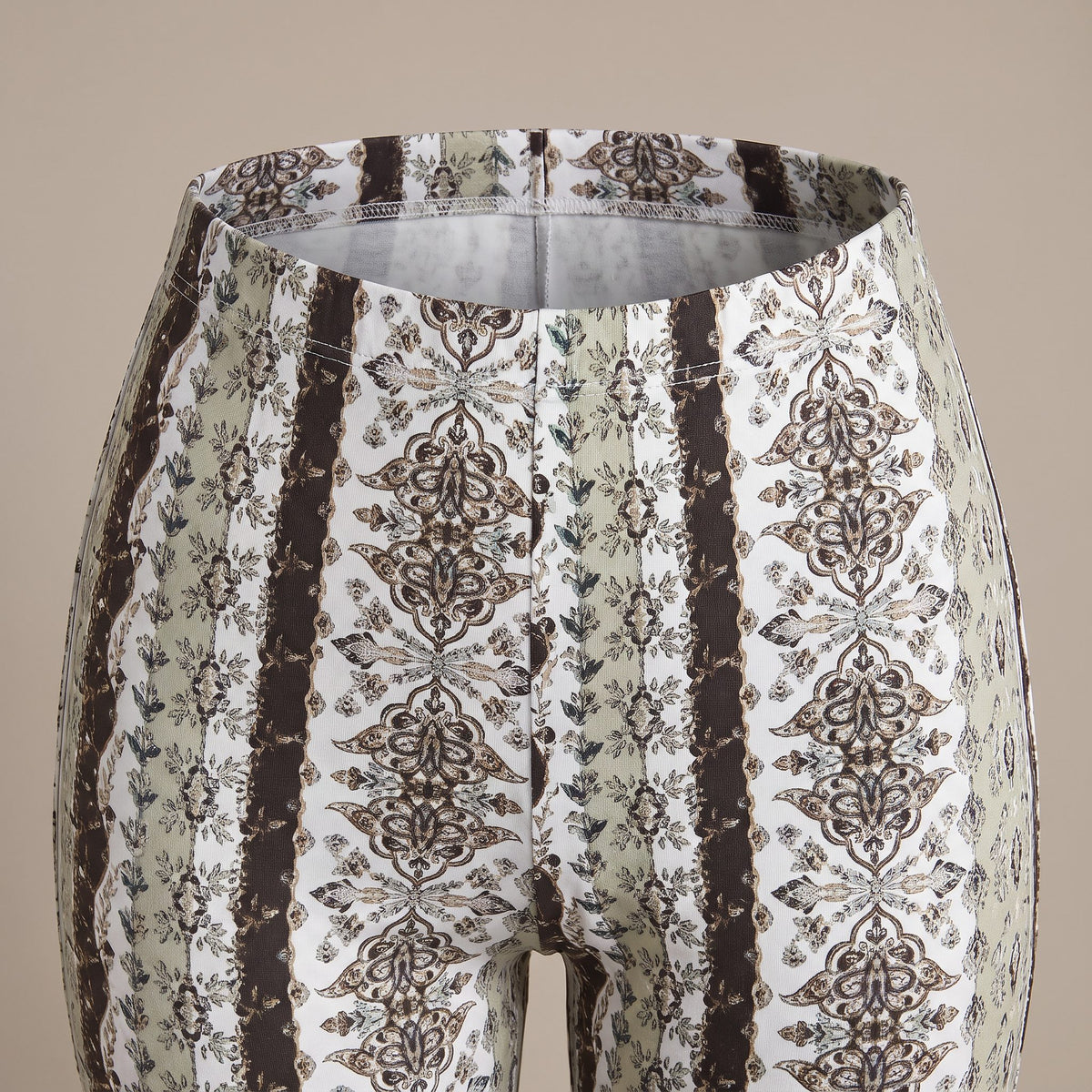 Serena flare pants, White Tribal, pull-on waistband close-up