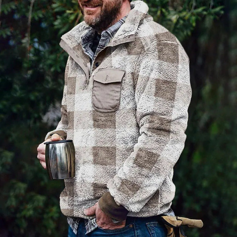 Alonzo sherpa fleece pullover, Beige Plaid, worn