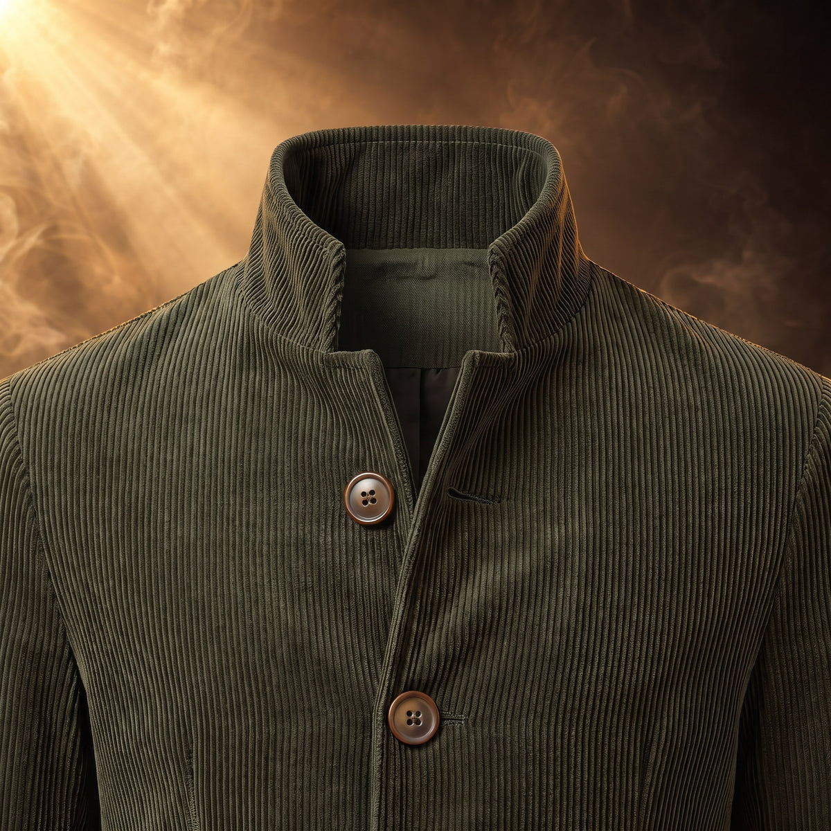 Maurizio corduroy jacket, Olive Green, stand collar close-up