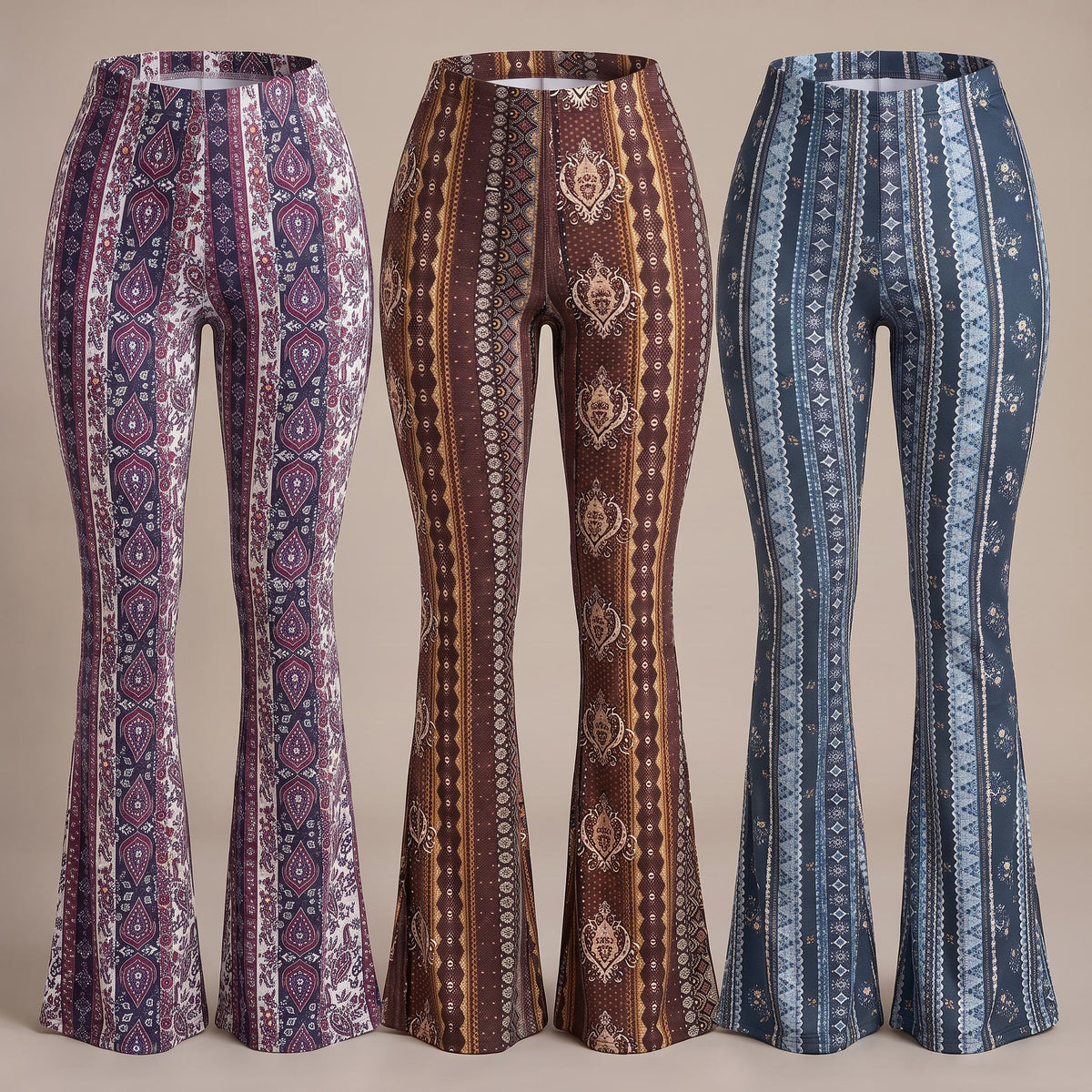 Serena flare pants, 3-Pack Purple, Brown, Teal, all three pairs