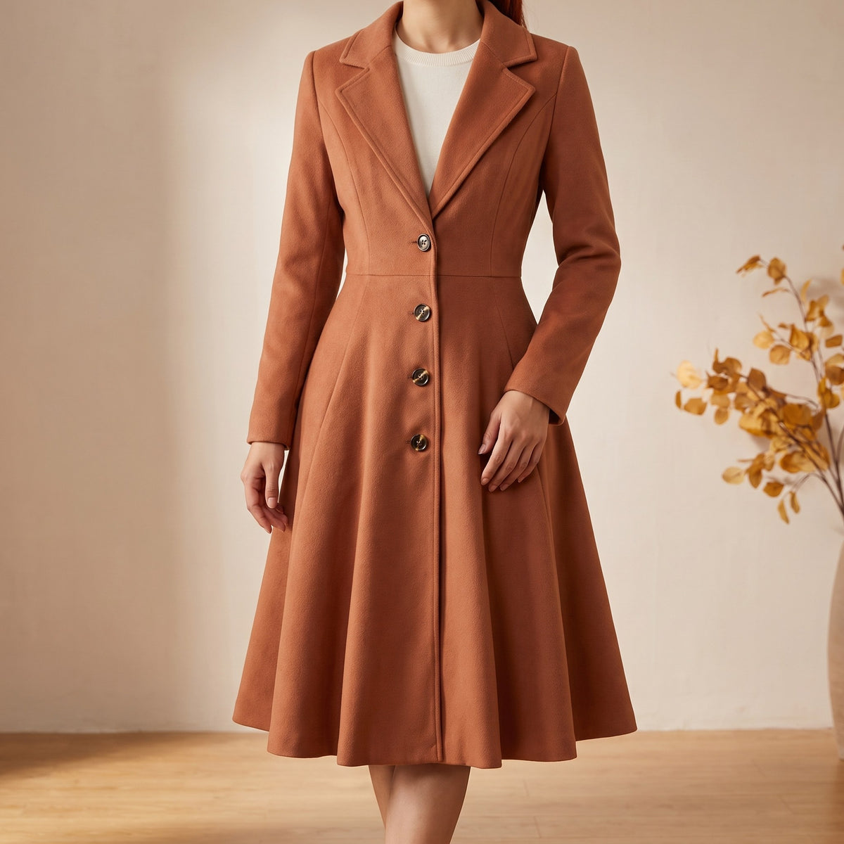 Fiorella coat, Terracotta, front view on model