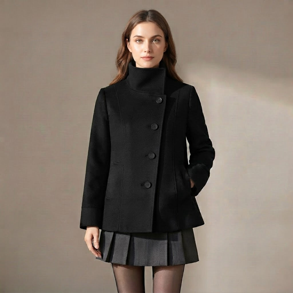Cosima high collar button front short jacket in black, front view