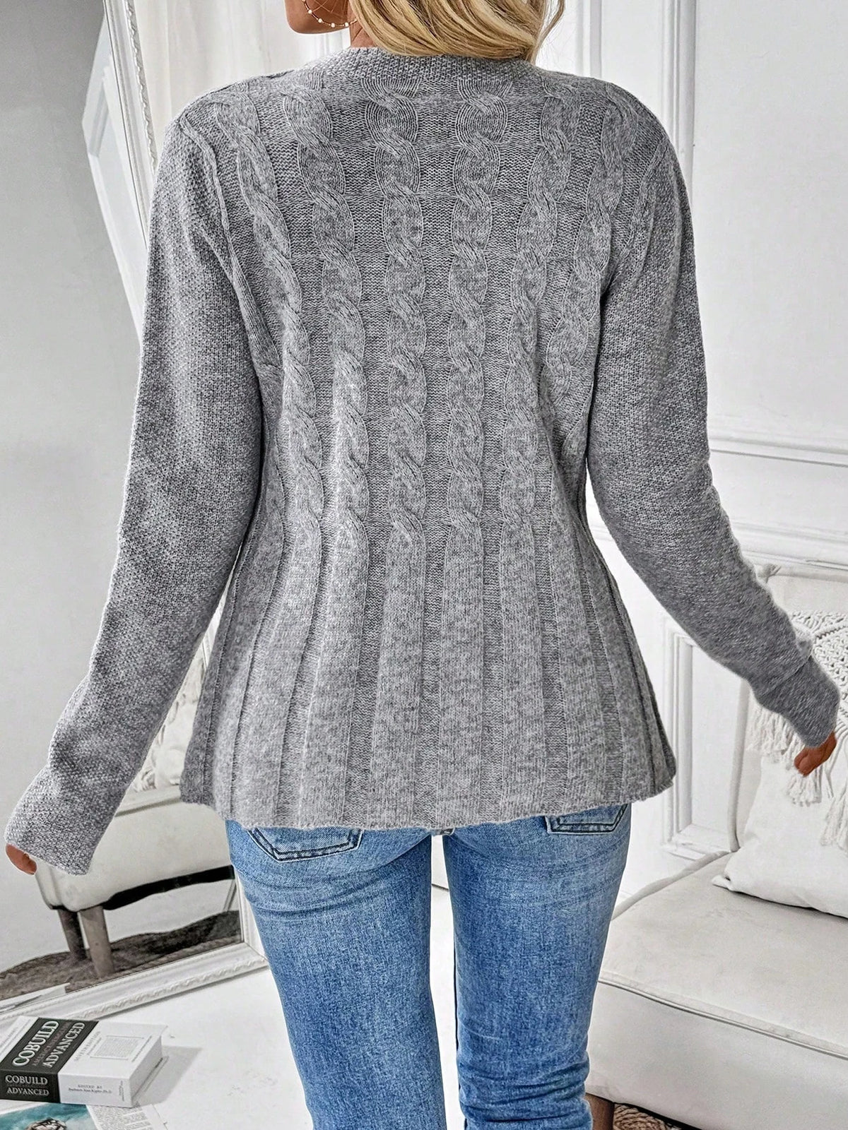 Giorgia cable knit peplum cardigan in gray, back view