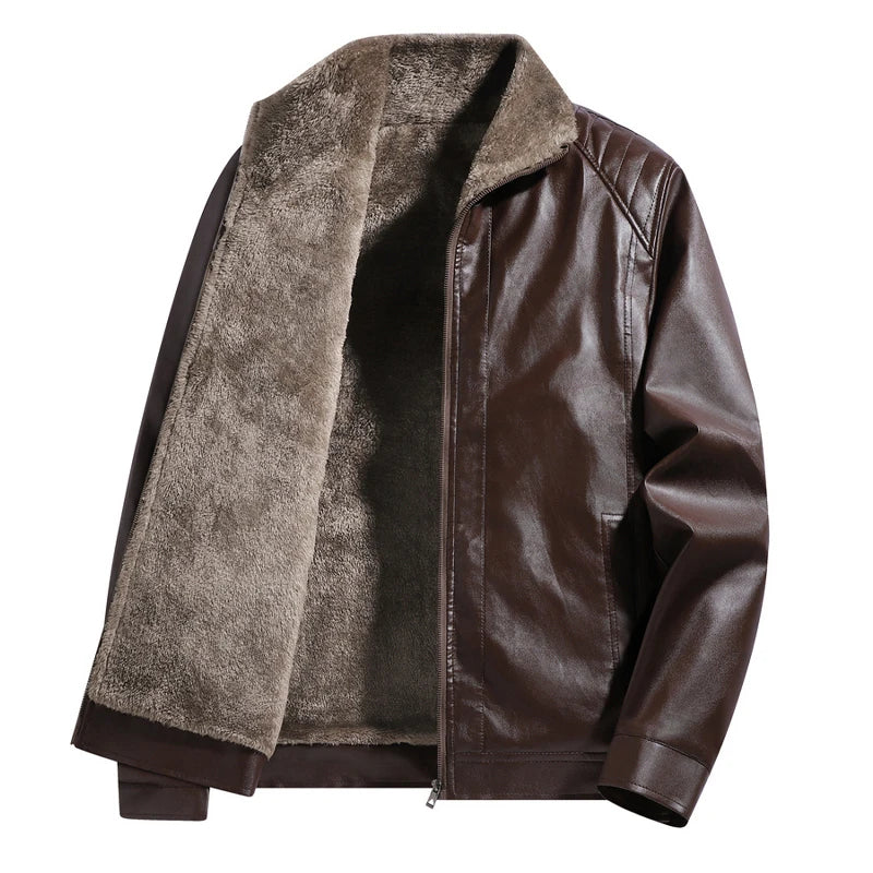 Carmine fleece lined faux leather biker jacket, brown, open front showing the fleece lining