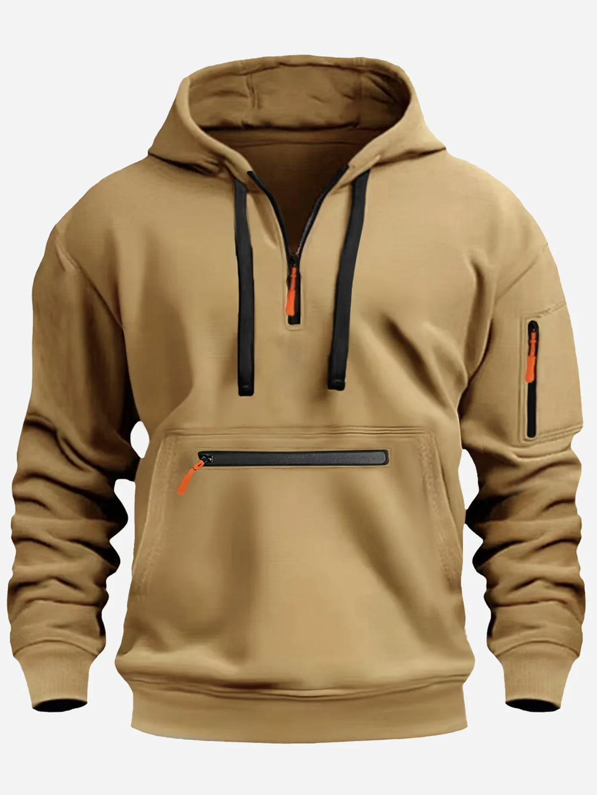 Men's multi pocket fleece pullover hoodie in khaki