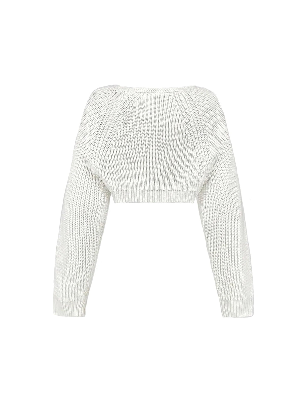 Fleur cropped ribbed knit shrug in white laid flat, back